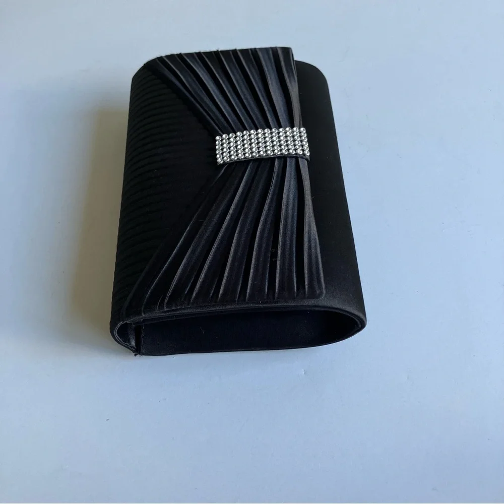 Vintage Jessica McClintock Black Crystal Prom Bow Embellished Clutch Satin Bag